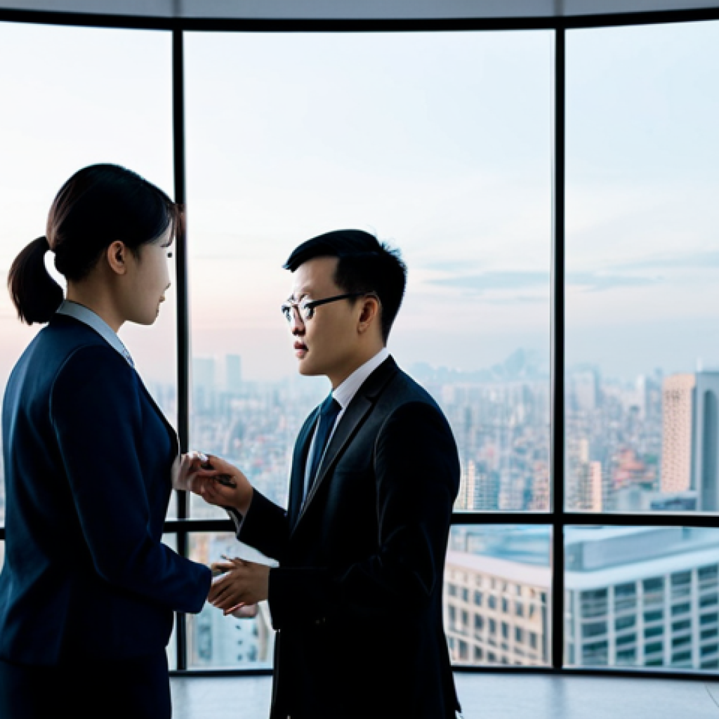 A small team of two professional Vietnamese businesspeople, one male and one female, in their mid-30s, fully clothed in modest business attire. They are collaborating intently around a large, futuristic interactive data display, pointing at intricate data visualizations and charts. Set in a bright, modern, and minimalist office space with large windows overlooking a city skyline at dusk. The scene is captured with professional photography, showcasing perfect anatomy, correct proportions, natural poses, well-formed hands, and proper finger count. The image is high-quality, ultra-detailed, safe for work, appropriate content, and family-friendly.