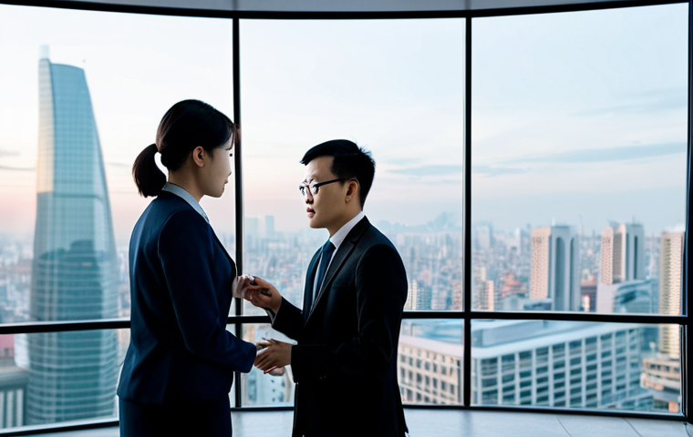 A small team of two professional Vietnamese businesspeople, one male and one female, in their mid-30s, fully clothed in modest business attire. They are collaborating intently around a large, futuristic interactive data display, pointing at intricate data visualizations and charts. Set in a bright, modern, and minimalist office space with large windows overlooking a city skyline at dusk. The scene is captured with professional photography, showcasing perfect anatomy, correct proportions, natural poses, well-formed hands, and proper finger count. The image is high-quality, ultra-detailed, safe for work, appropriate content, and family-friendly.