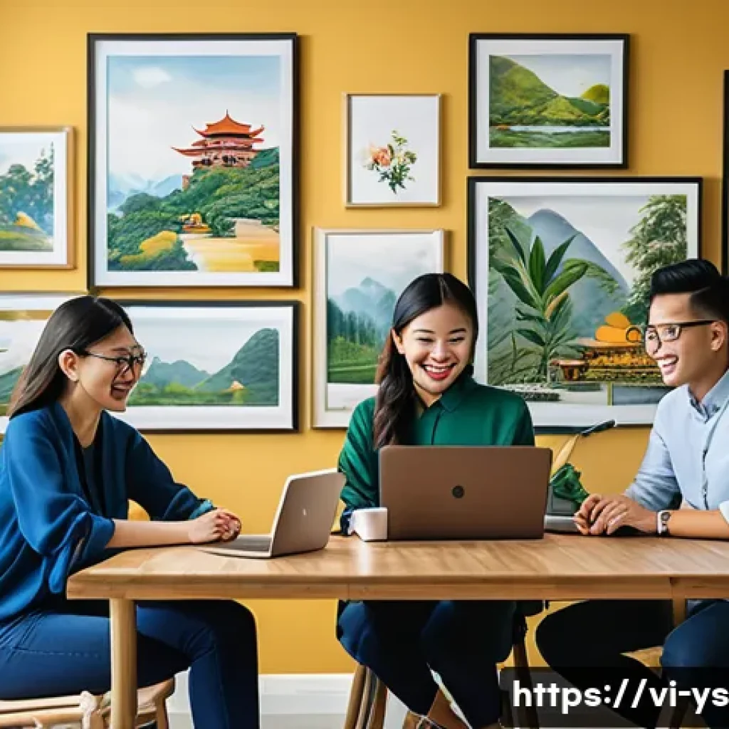 협력적 창의성을 위한 리모트 팀 관리 - A modern Vietnamese remote work team collaborating via video call on laptops and smartphones, divers...