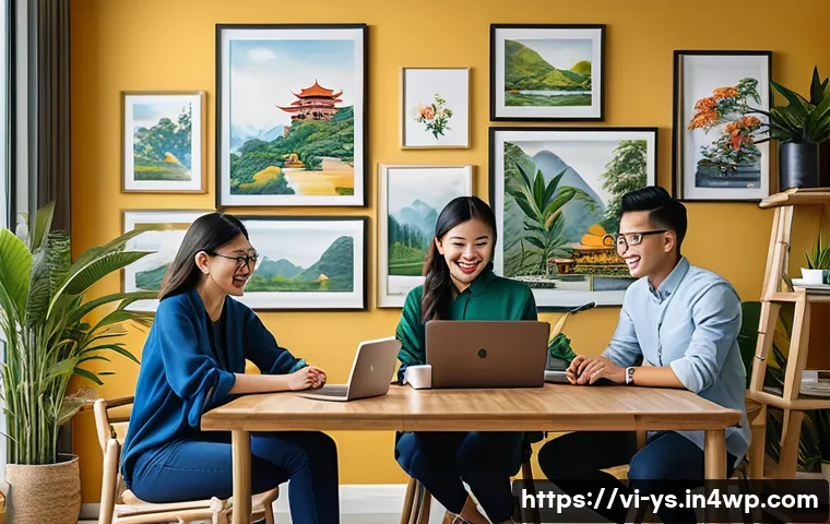협력적 창의성을 위한 리모트 팀 관리 - A modern Vietnamese remote work team collaborating via video call on laptops and smartphones, divers...