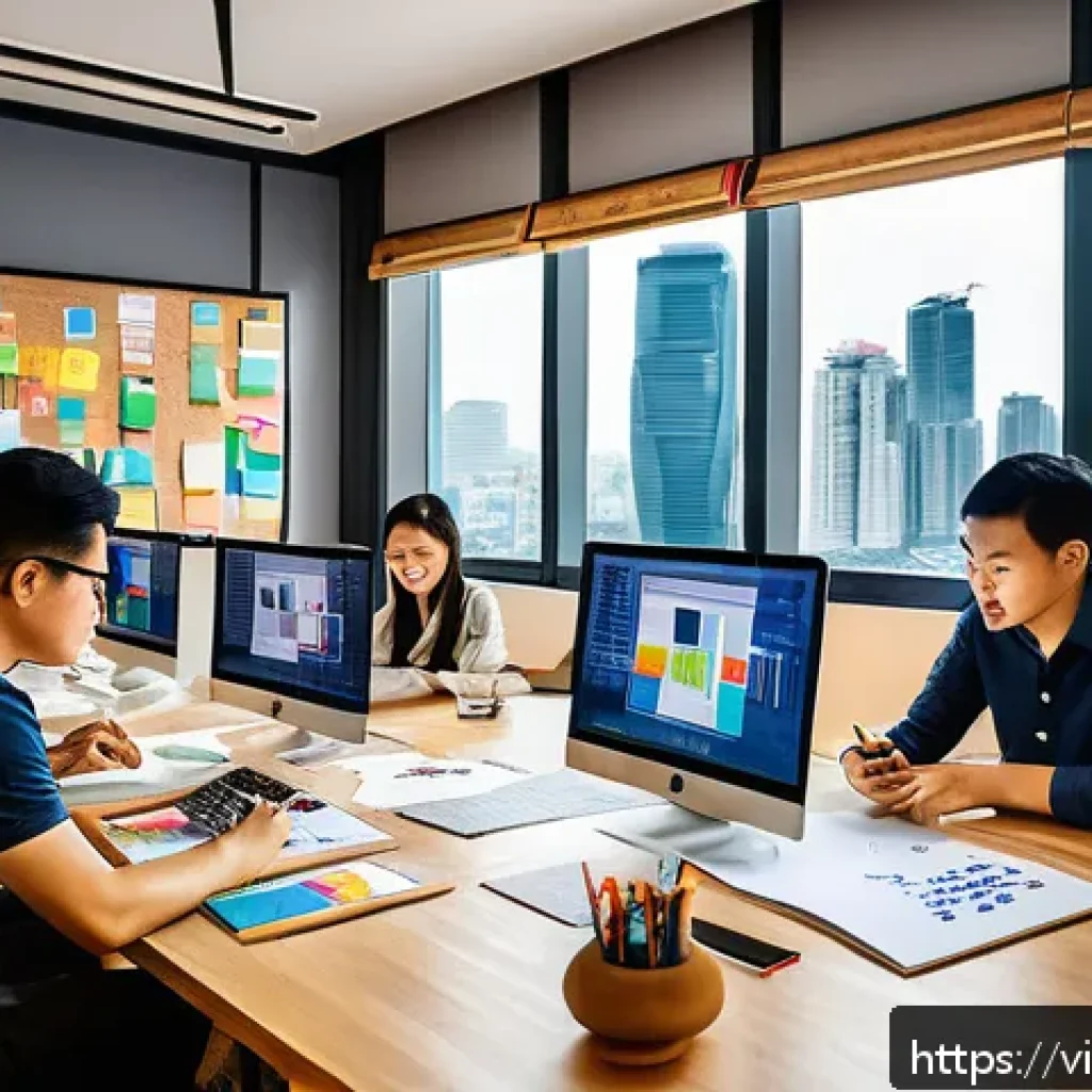 협력적 창의성을 위한 실험적 접근 - A vibrant creative workspace in a modern Vietnamese office, featuring a diverse team of young profes...