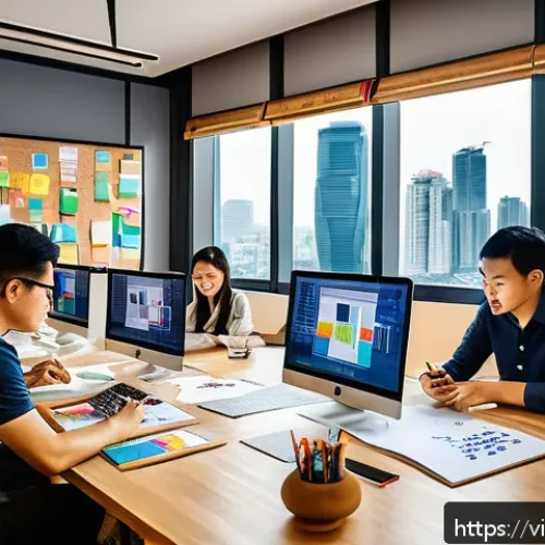 협력적 창의성을 위한 실험적 접근 - A vibrant creative workspace in a modern Vietnamese office, featuring a diverse team of young profes...