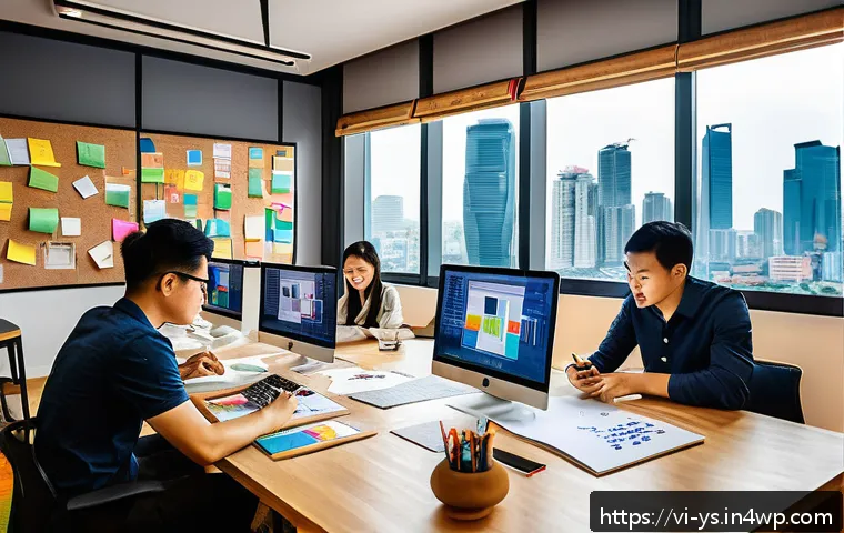 협력적 창의성을 위한 실험적 접근 - A vibrant creative workspace in a modern Vietnamese office, featuring a diverse team of young profes...