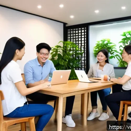 협력적 창의성 향상을 위한 방법론 - A modern Vietnamese startup office featuring an open workspace design with natural light, wooden fur...